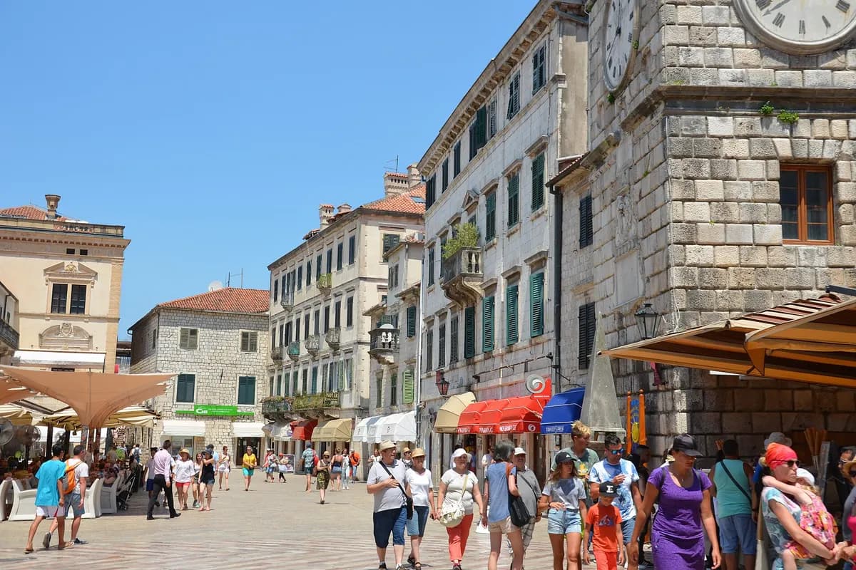 The clock-tower square inside Kotor’s Old Town, a five-minute walk from Kotor bus station.